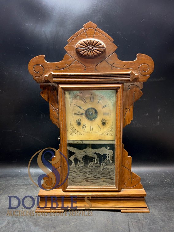 Vintage Wooden Mantel Clock with Key and Pendulum