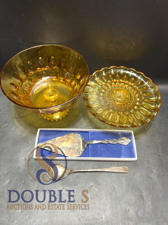 Amber Glass Pedestal Bowls with Serving Utens