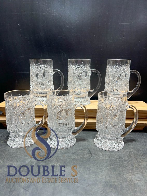 6 Cut Glass Beer Steins with Bird Motf