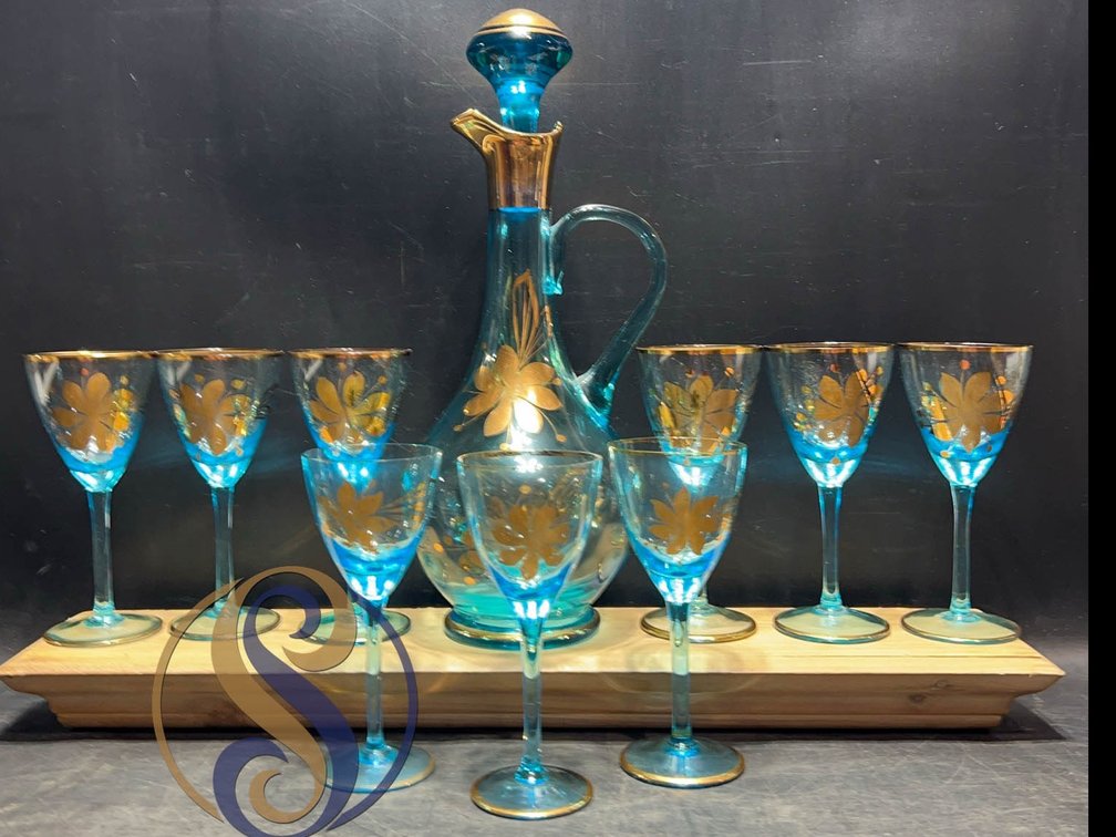 Blue Glass Decanter with Nine Wine Glasses