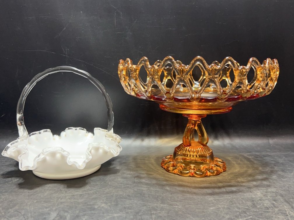 Amber Glass Compote and Milk Glass Basket