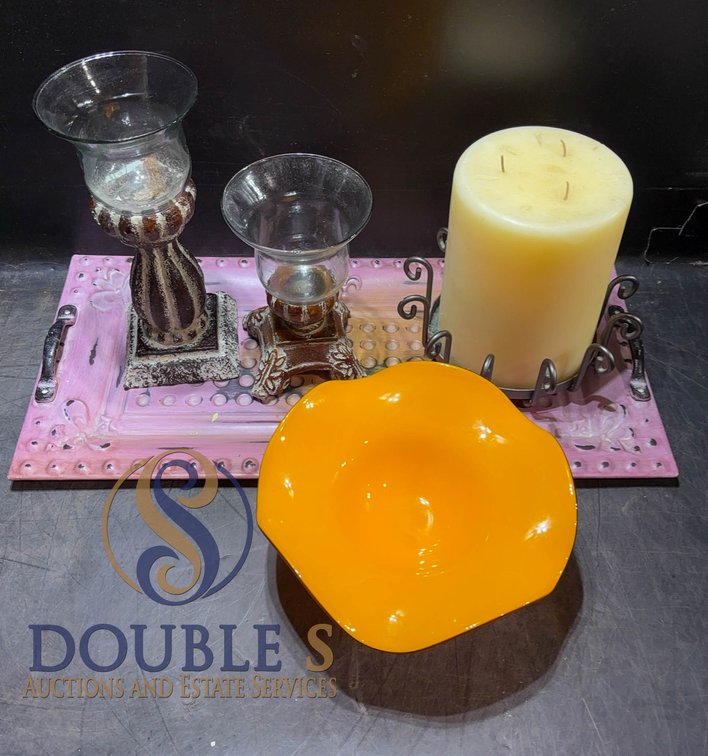 Home Decor Lot: Candleholder Set, Tray, Glass
