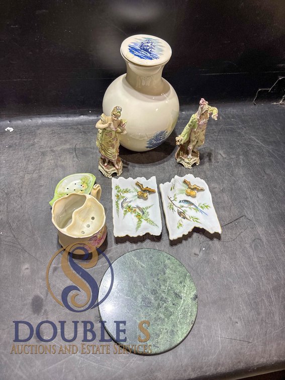 Ceramic Figurines, Decorated Ashtrays, and Gl