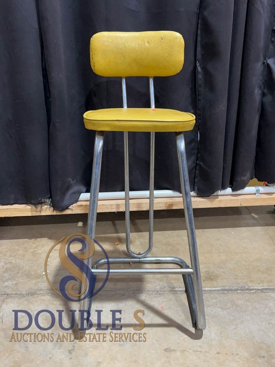 Metal Bar Stool with Yellow Vinyl Upholstery,