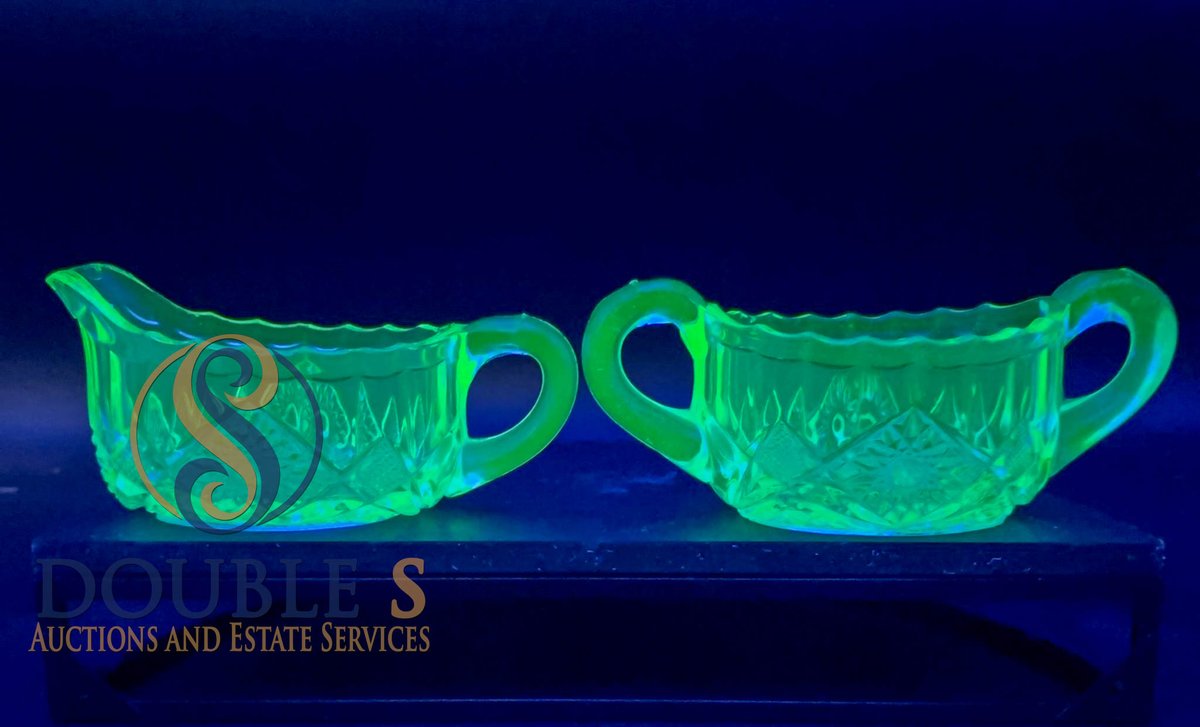 Green Uranium Glass Creamer and Sugar Set
