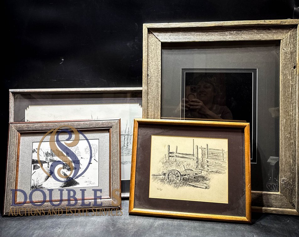 3 Framed Black-and-White Prints, 2 Large Frames