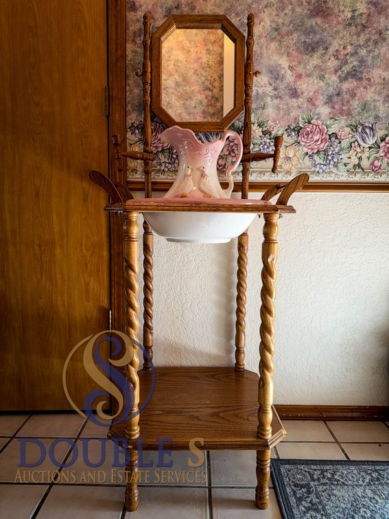 Oak Washstand With Pitcher, Basin, Mirror, 53