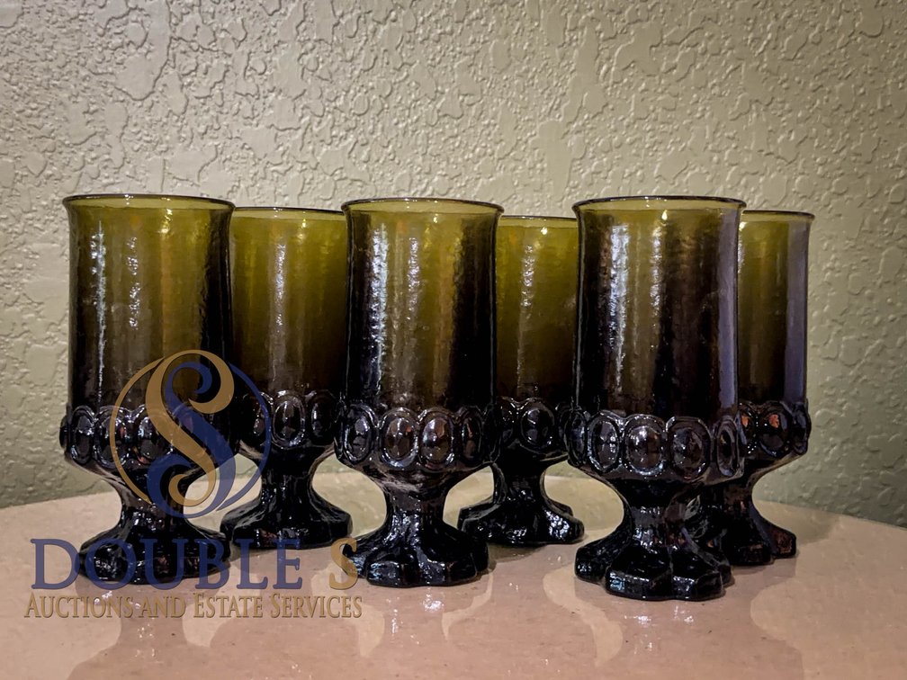 6 Green Pressed Glass Goblets