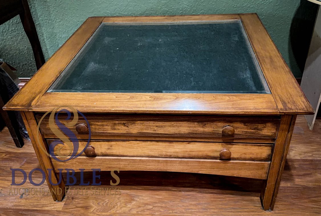 Wood and Glass Coffee Table with Drawers, 35”