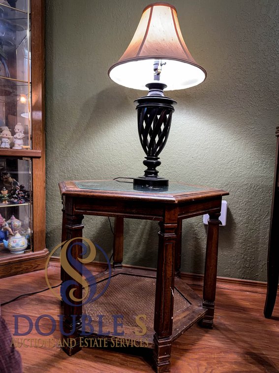 Octagonal Wood Table With Glass Top and Lamp