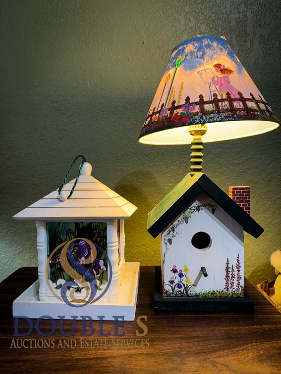 Decorative Birdhouse Lamp and Painted Feeder