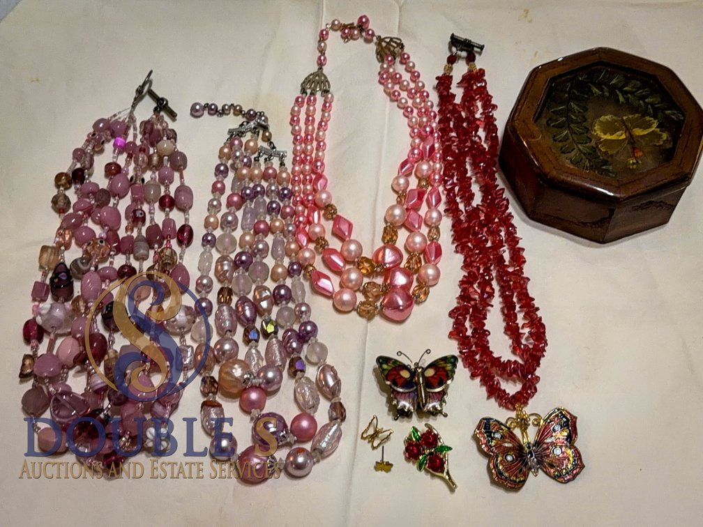 Pink Bead Necklaces and Butterfly En