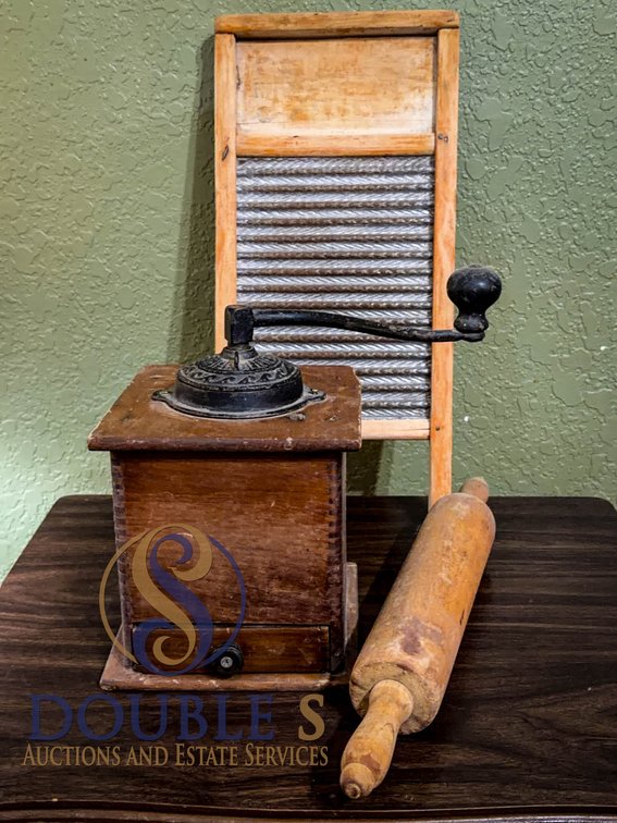 Wooden Coffee Grinder, Washboard, Rolling Pin