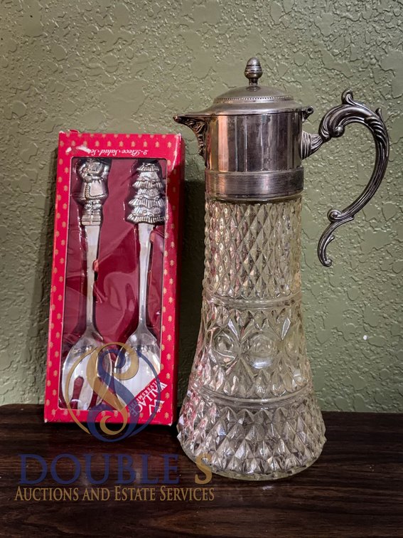 Cut Glass Pitcher with Silver Plate Lid and S