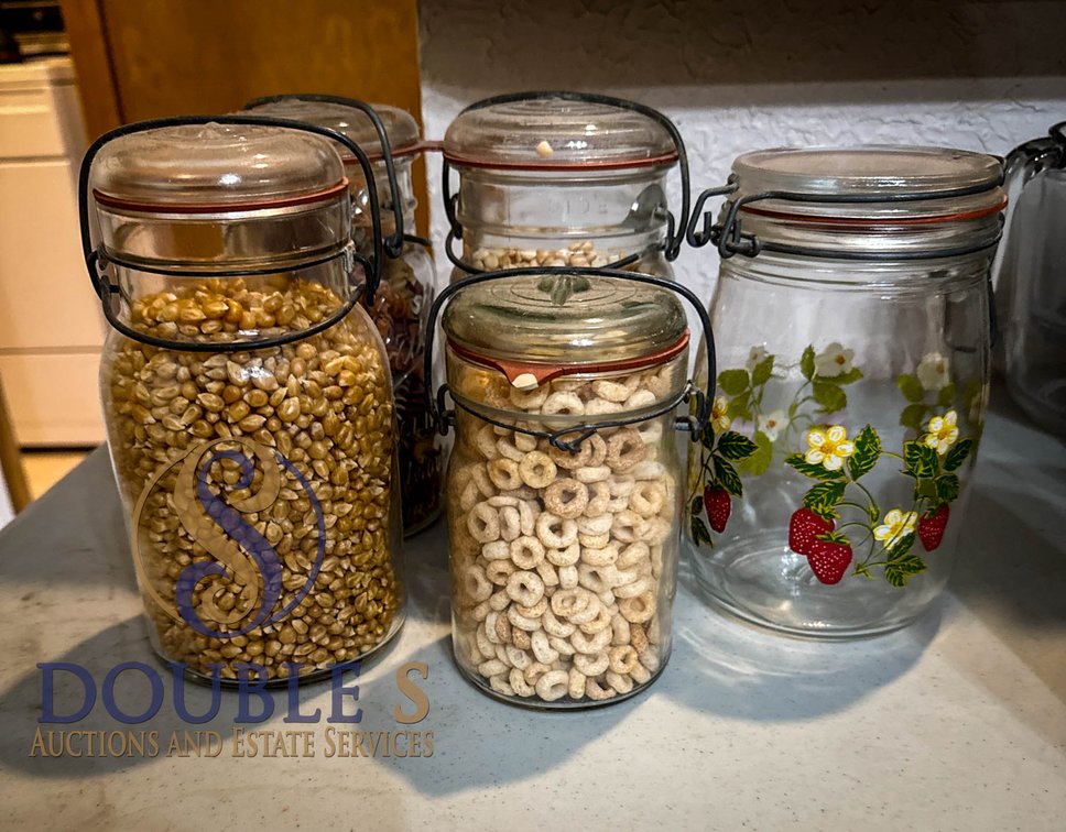 Five Glass Wire Bale Storage Jars
