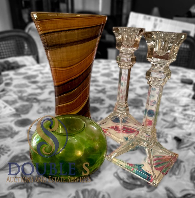 Glass Decor Group: Vase, Candlestics
