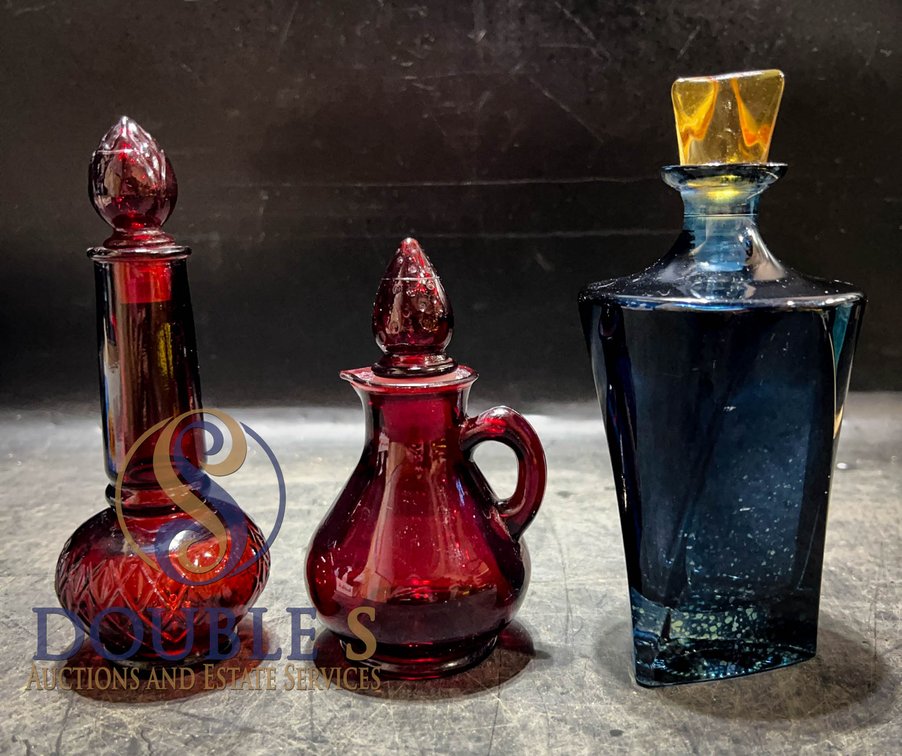 Avon Red and Blue Glass Decanters Trio
