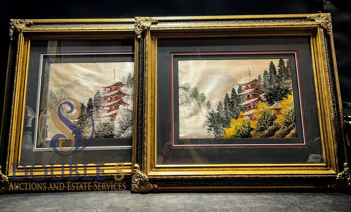 Pair Japanese Silk Pagoda Embroideries