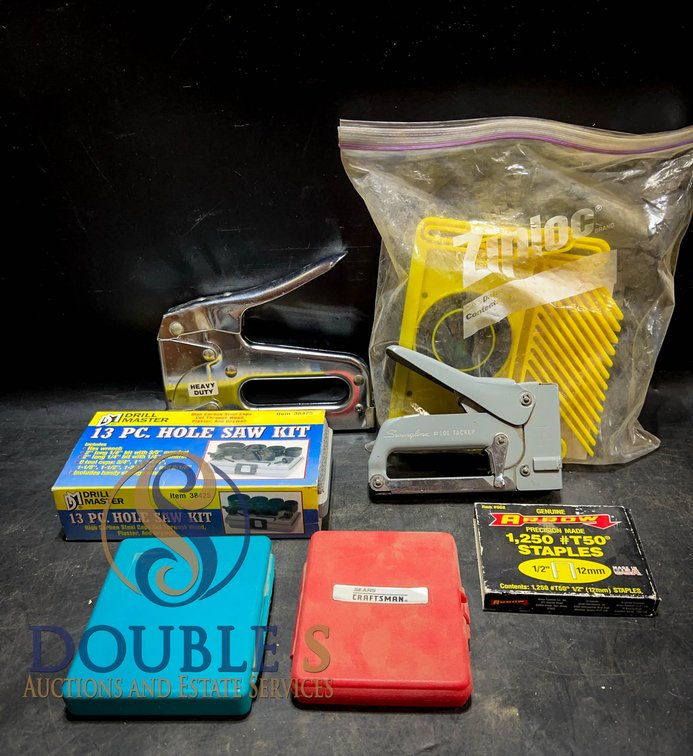 Tool Lot: Staplers, Saw Kit, Drill,