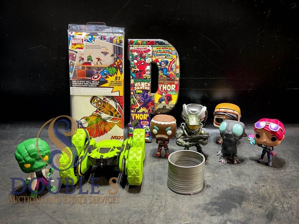Marvel Toys Lot With Funko Pop Figures, Car, Decals
