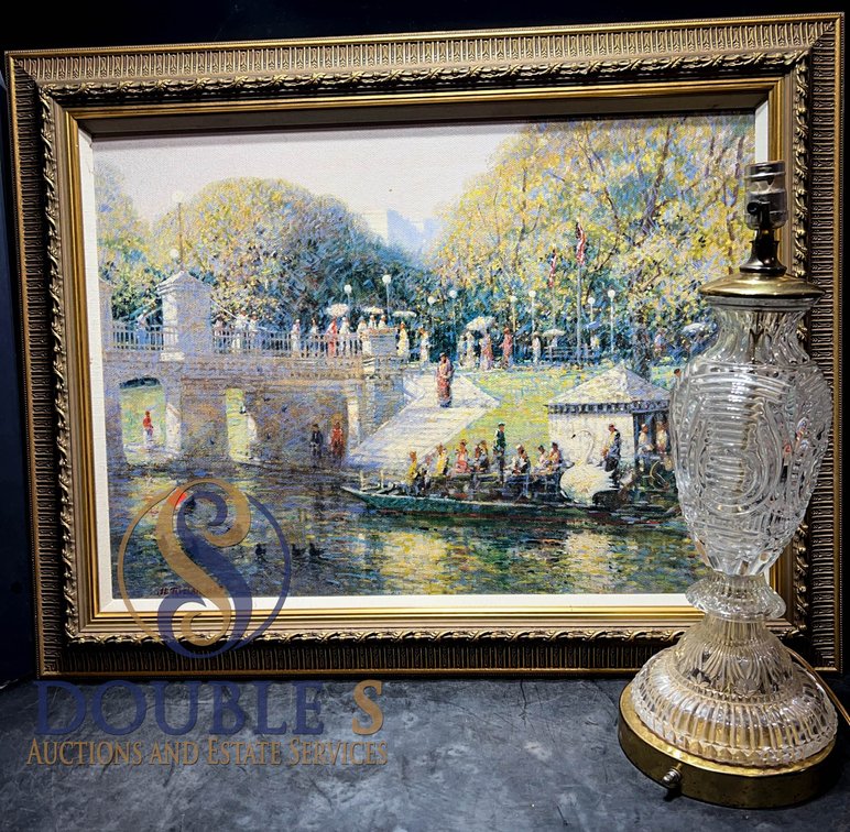 Framed Park Scene Painting and Glass Lamp