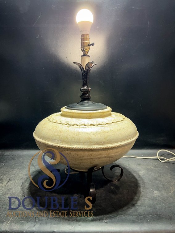 Ceramic Table Lamp with Ornate Metal Base