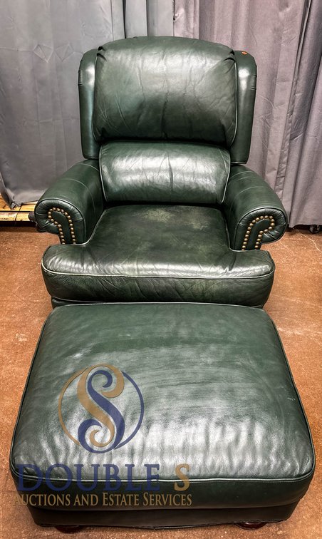 Green Leather Club Chair and Ottoman