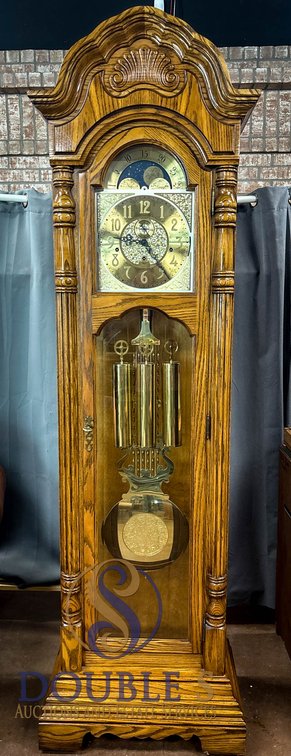 Oak Case Grandfather Clock with Brass Dial