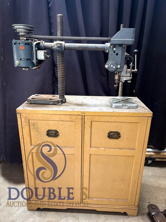 Bench-Top Drill Press on Wood Cabinet