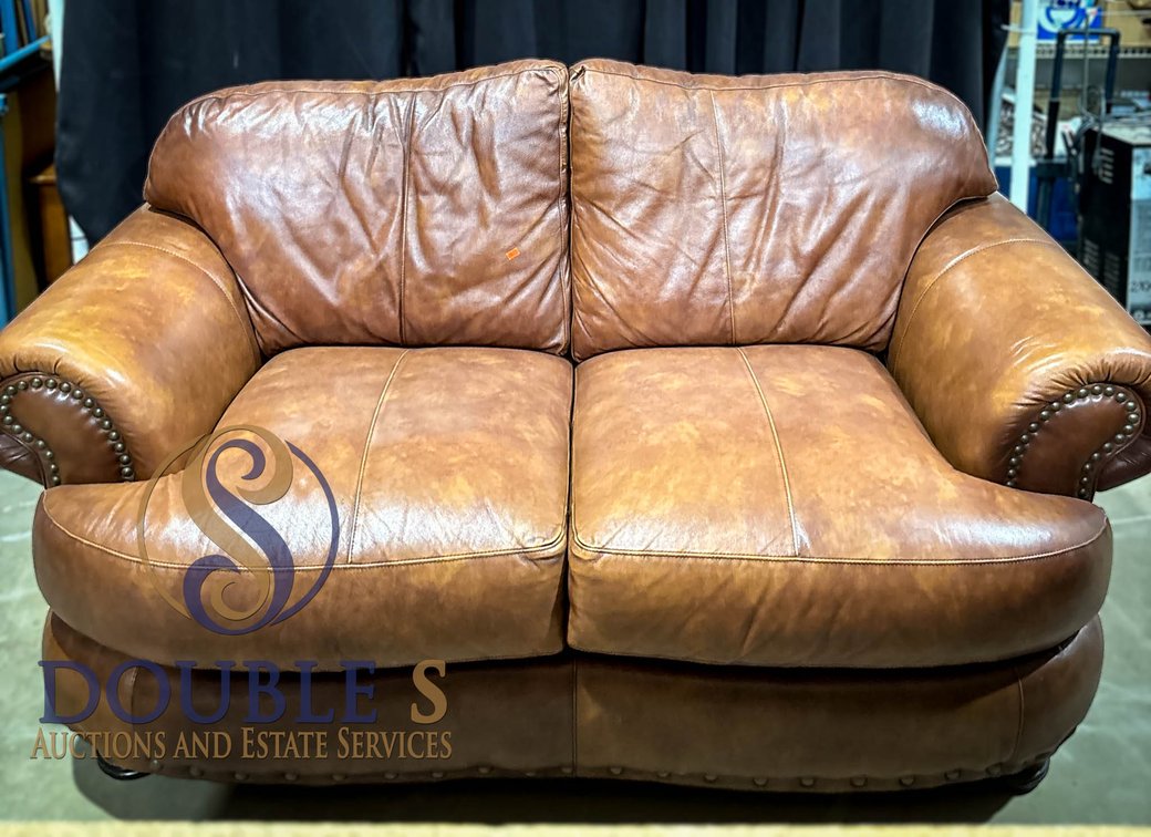 Brown Leather Loveseat with Nailhead Trim
