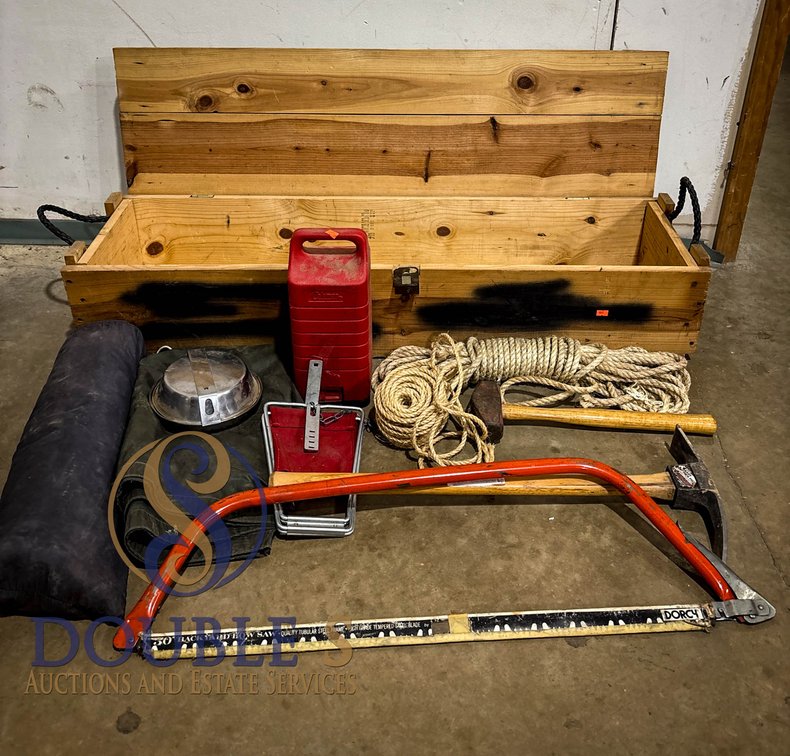 Wood Tool Chest with Camping Gear and Tools