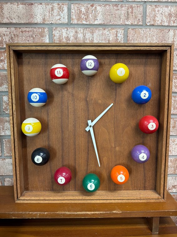 Vintage square solid oak billiards clock featuring real half-pool balls as numbers.