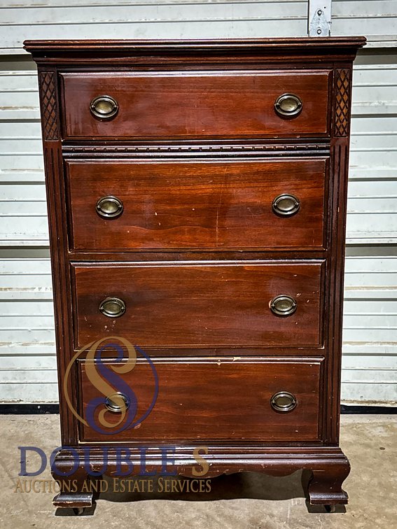 Four-Drawer Wood Dresser with Brass Pulls and Wheels