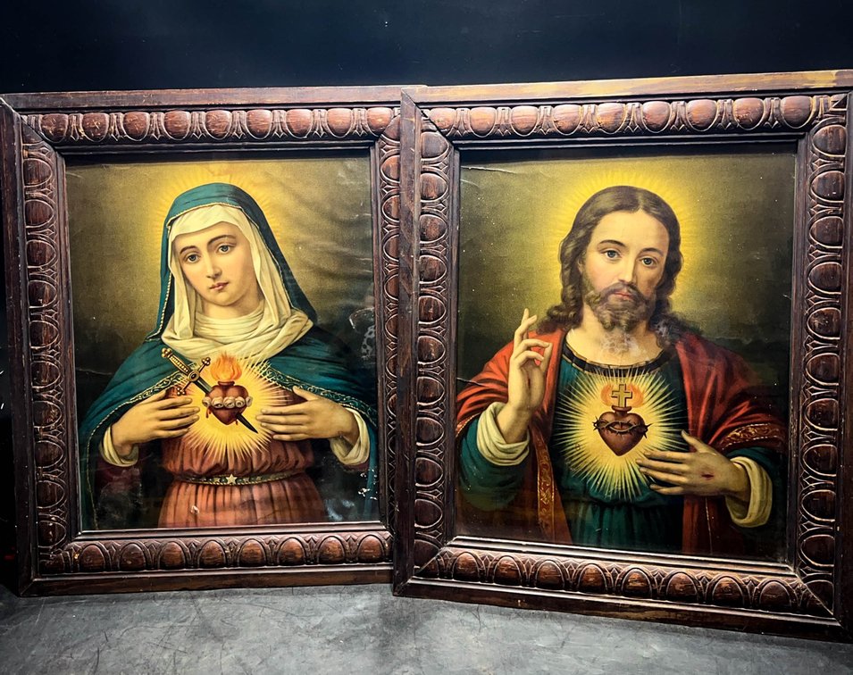 Pair Sacred Heart Catholic Prints Framed