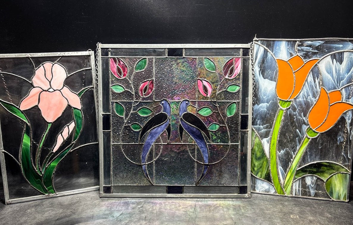 Three Floral Stained Glass Panels