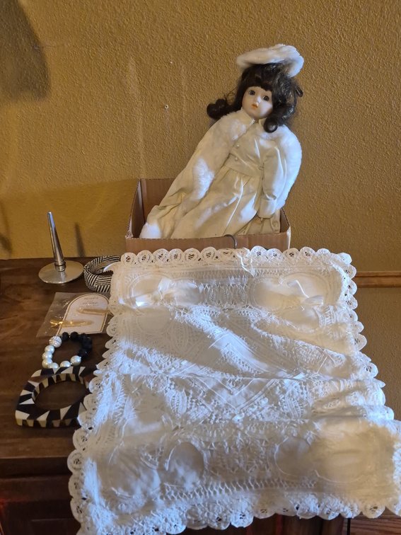 Porcelain Doll With Accessories and Lace
