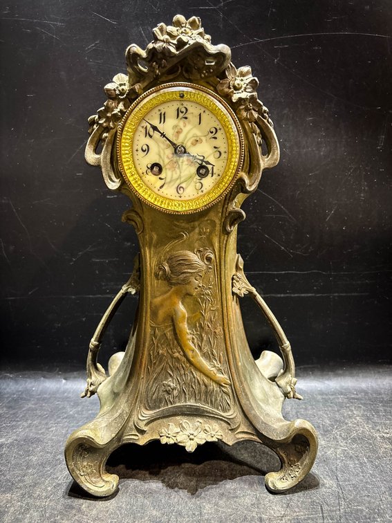 Art Nouveau Style Cast Metal Mantel Clock