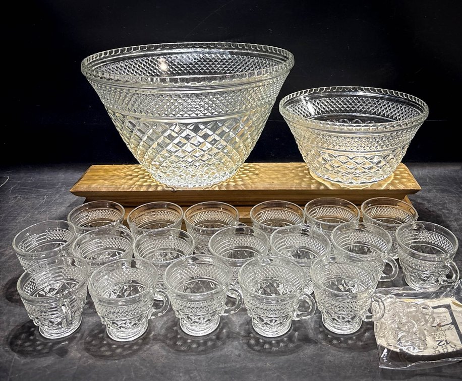 Pressed Glass Punch Bowl Set with Cups