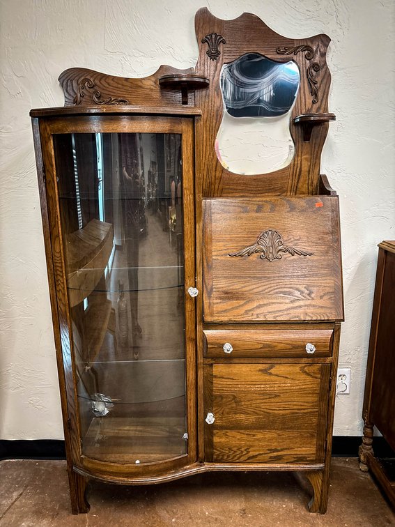 Glass Door Oak Secretary Cabinet with Mirror