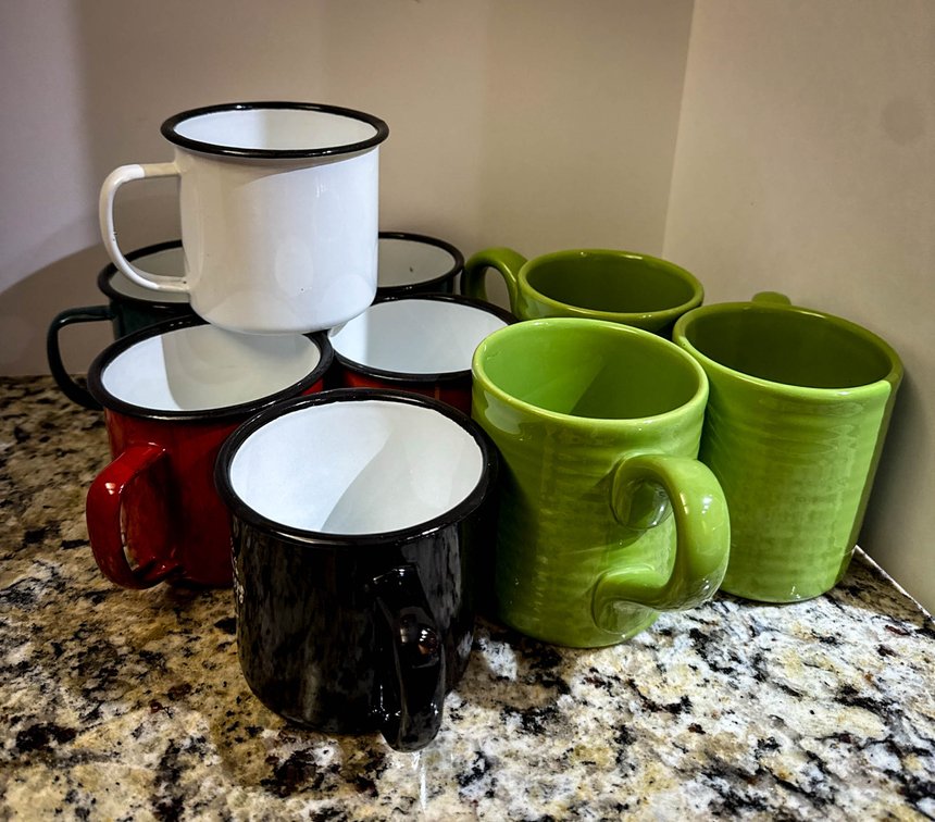 Enamel Coated and Green Coffee Mugs, 9 Pieces
