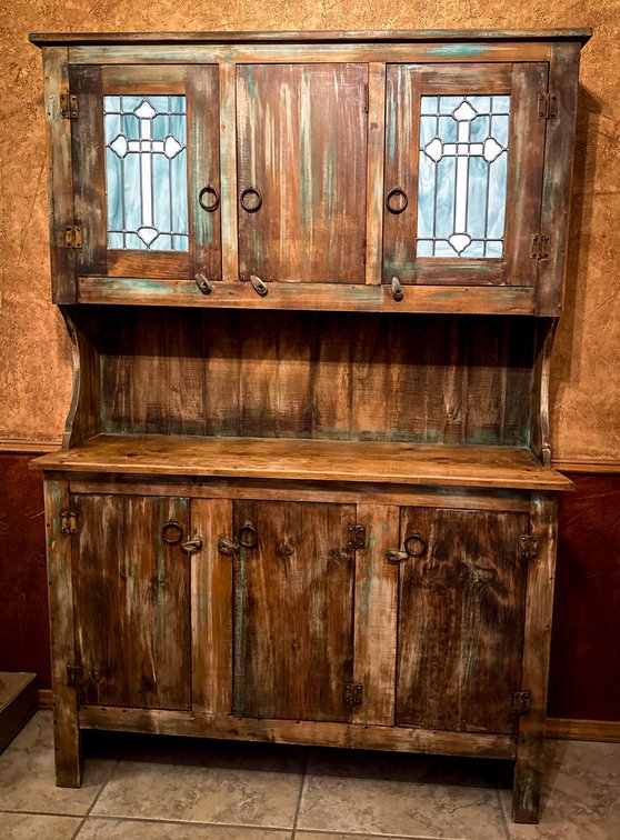 Leaded Stained Glass Cross Door Hutch