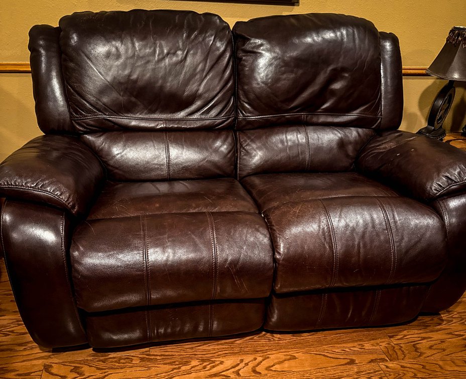 Brown Leather Loveseat with Dual Recliners 62 inches wide