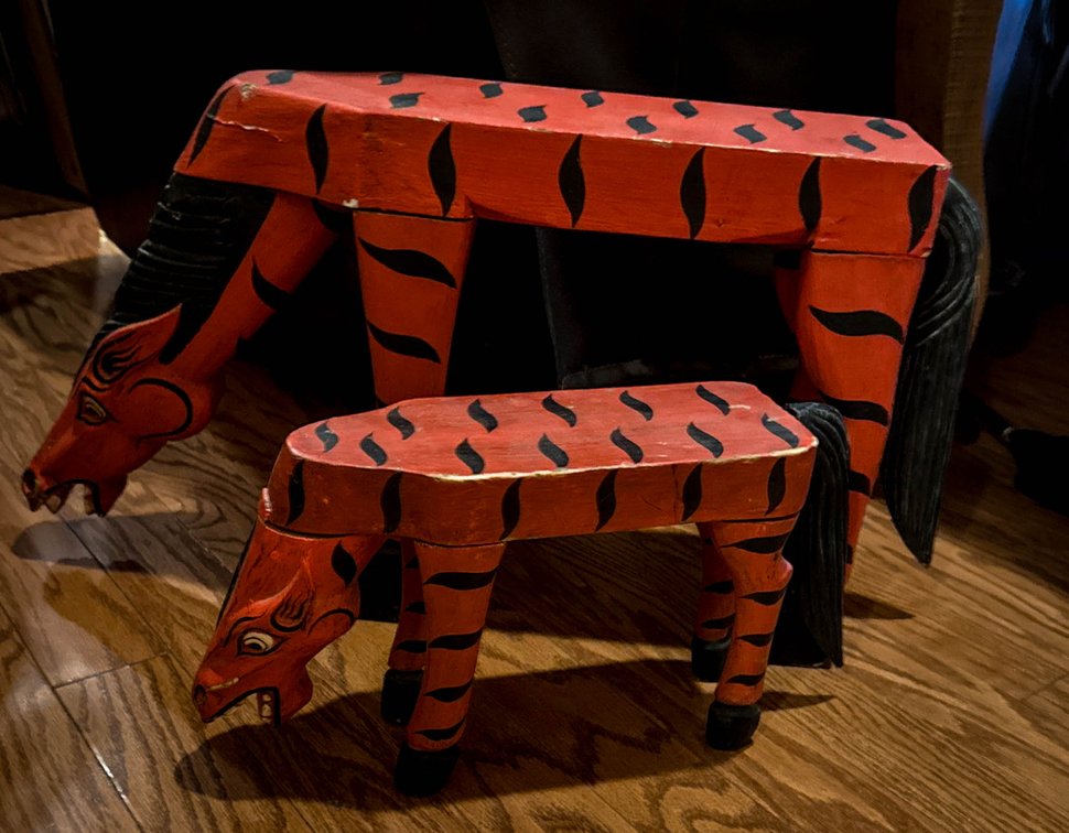 Hand-Carved Painted Wood Benches, Pair