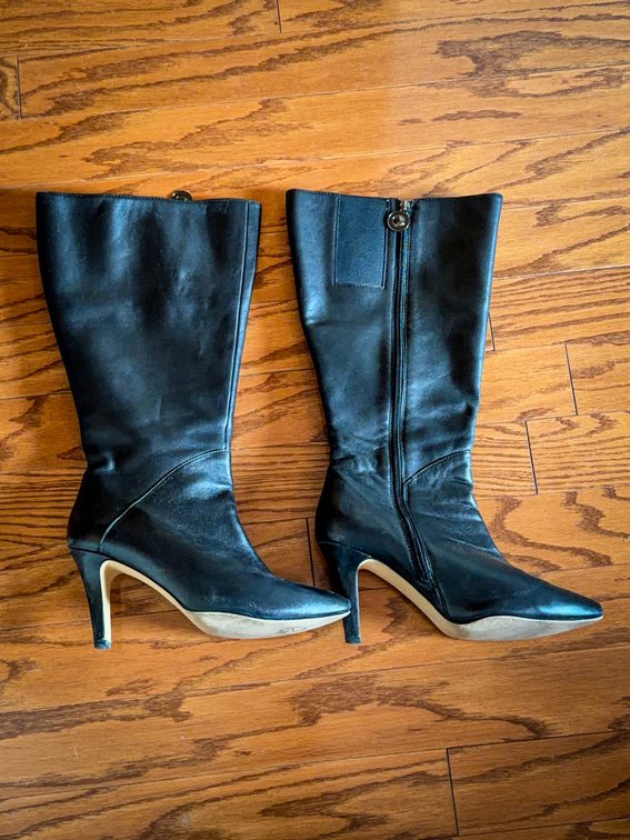 Black Leather Knee-High Heeled Boots, Size 10