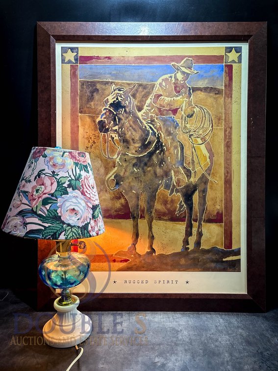 Framed Cowboy Horse Print and Floral Table