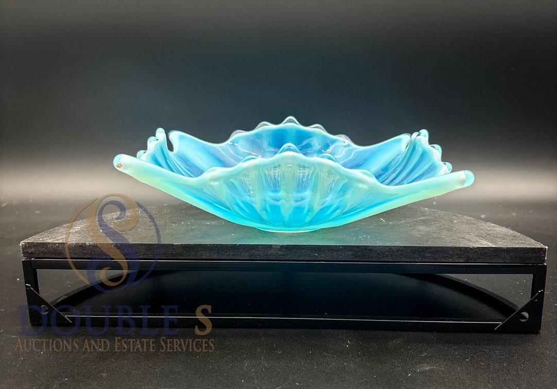 Opalescent Glass Square Bowl with Ruffled Rim