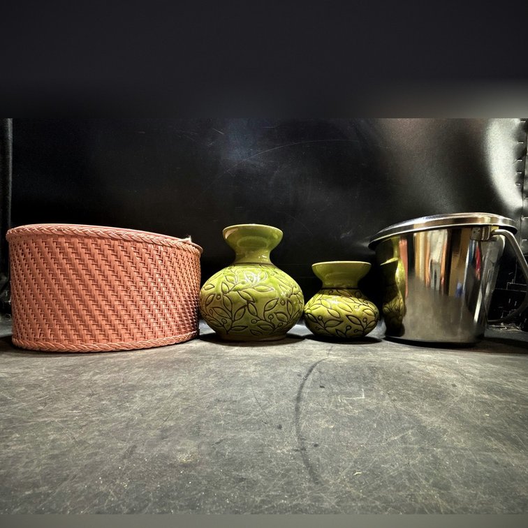 Two Green Ceramic Vases, Pink Sewing Basket and Stainless Pail
