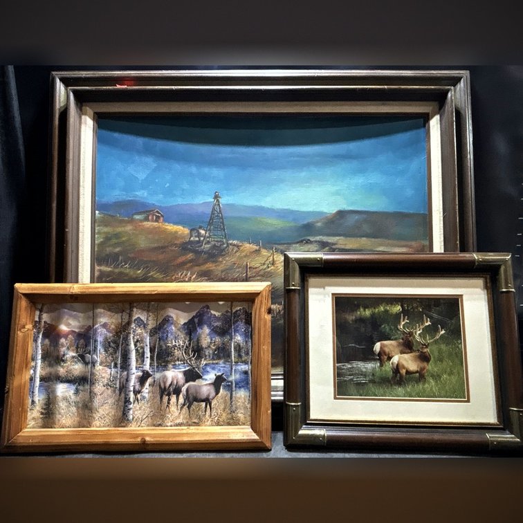 Framed Art Lot: Wildlife Prints and Landscape Oil, 15x18, 36x30, and 20x12 Inches