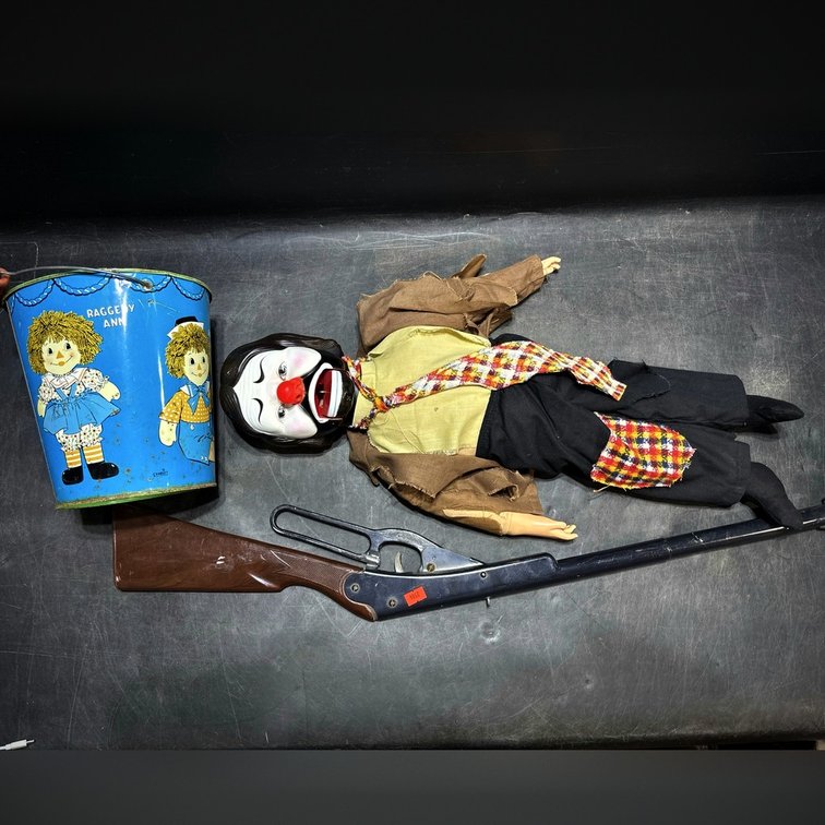 Clown Doll, Raggedy Ann Tin Pail, and Toy Rifle with Loose Stock