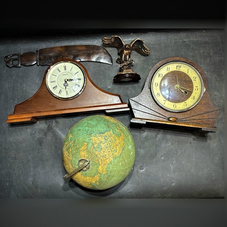 Decor Lot: Seiko Mantel Clock, Vintage Wood Clock, Bronze Eagle, Globe, Carved Wood Knife